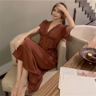 Summer Short-sleeved Ice Silk Pajamas Women's Long Dress with Chest Pad Long Elegant Little Lady Lace Home Clothes Pajamas