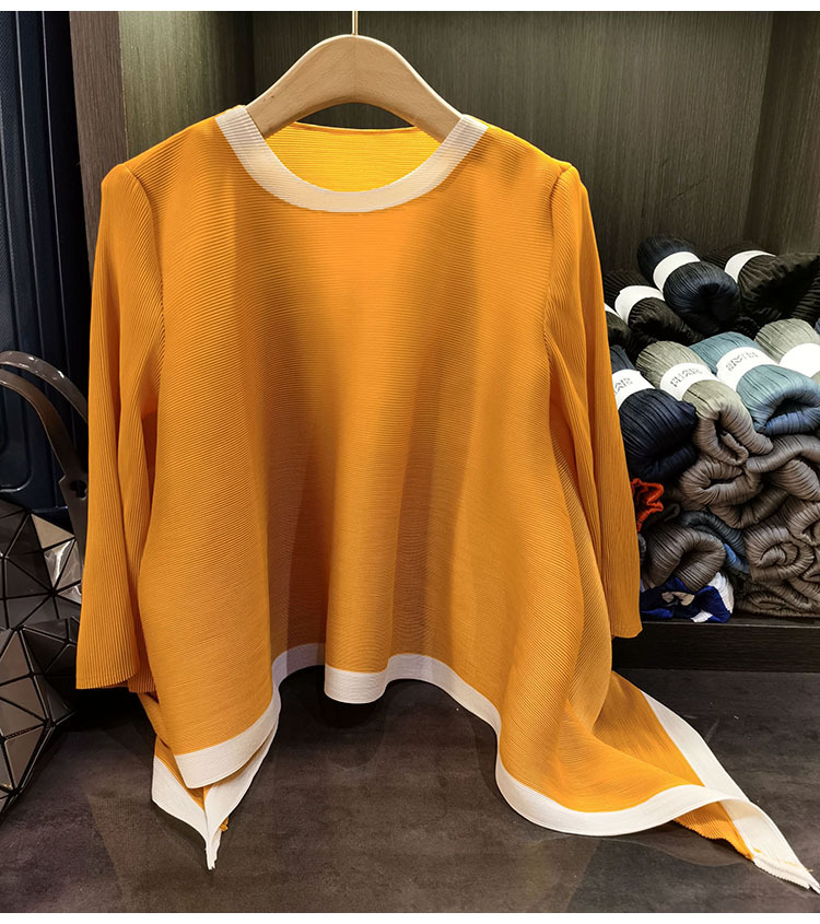 Áo thun nữ cổ tròn tay lỡ phối màu tương phản, dáng rộng xếp ly bất đối xứng — Màu xanh, Màu tím hồng, Màu đỏ hoa hồng, Màu hồng chi tiết 22