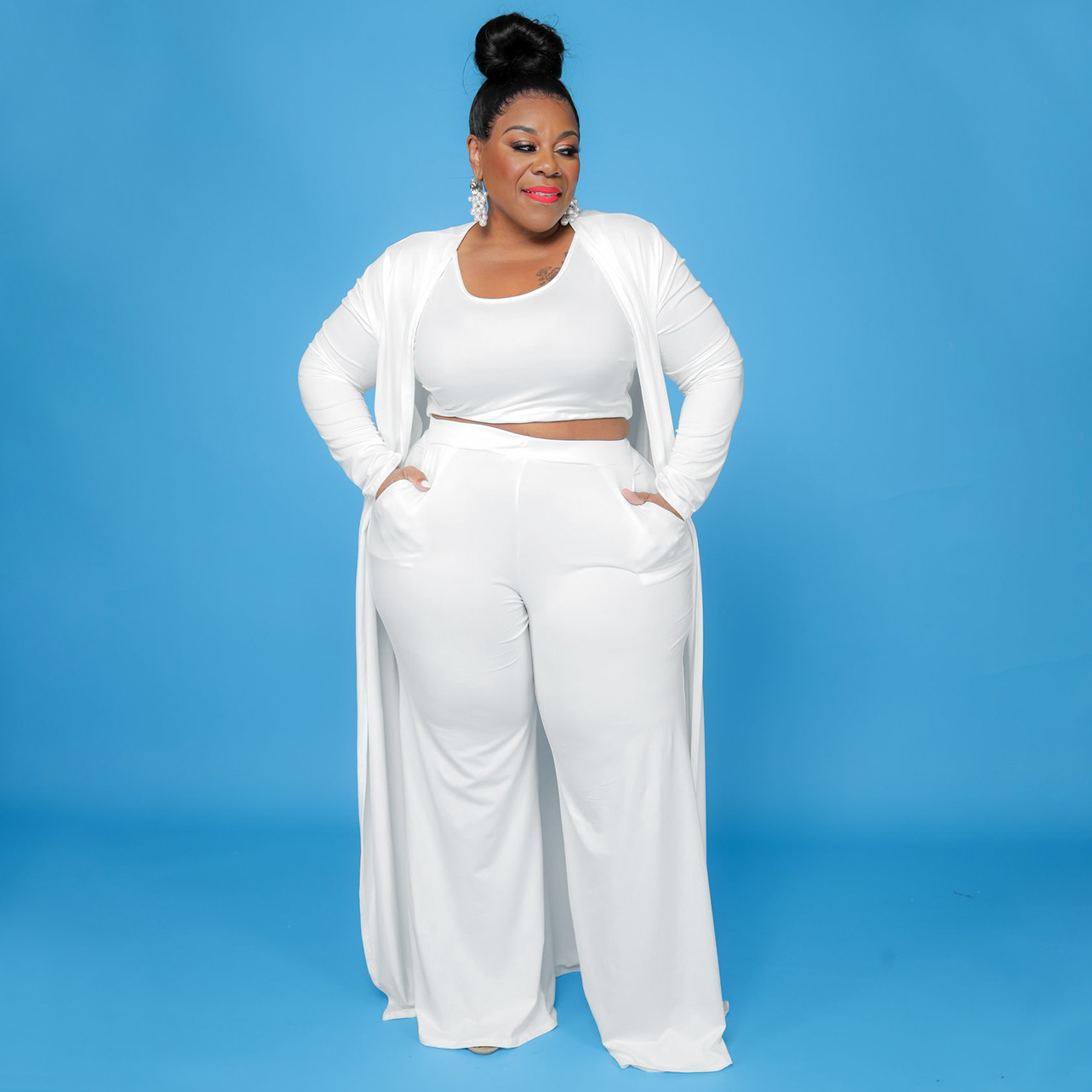 plus size solid color crop vest pants and coat three-piece lounge set NSLNW137044