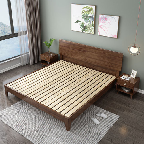Nordic solid wood bed walnut bed master bedroom 1.8m1.5m double bed hotel bed and breakfast light luxury solid wood bed wedding bed