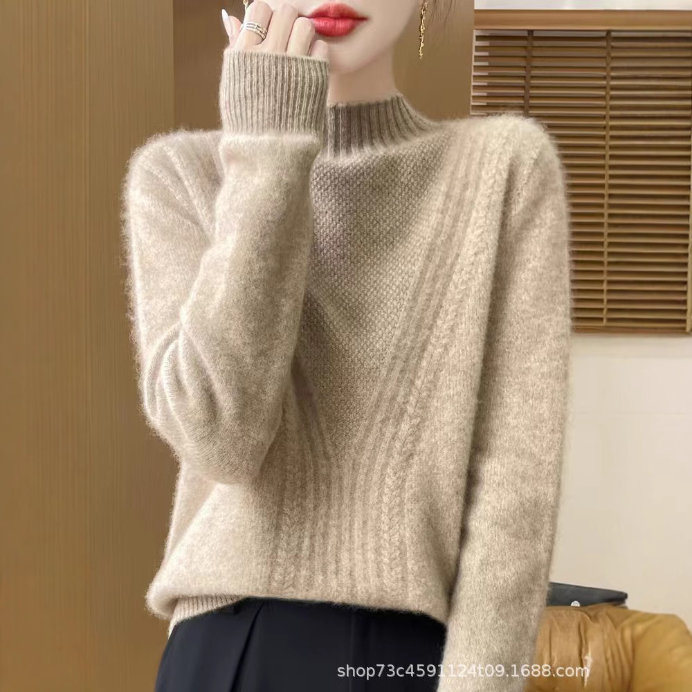 가을과 겨울 2024 새로운 순수 울 7 핀 두껍게 첫 번째 라인 기성복 세미 하이 크루 넥 스웨터 긴소매 여성용 스웨터