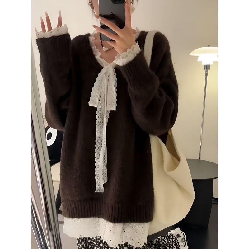 2025早秋小众女装韩系蕾丝拼接百搭打底纯色针织衫套头毛衣女|undefined