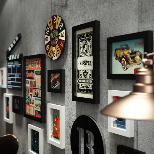 Polymer 0023 industrial style luminous decorative picture frame LED light strip photo wall combination photo frame wall clock retro