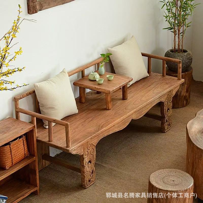 Chinese Old Elm Wood Luohan Bed Solid Wood Zen Sofa Bed Home Living Room Luohan Couch Weathered Double Meditation Sofa