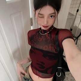 【源头工厂 量大可来版制作】夏季修身显瘦印花欧美短款上衣潮