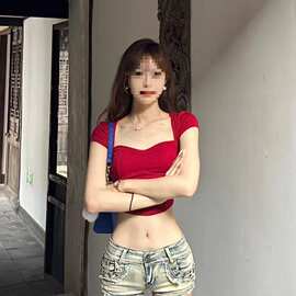 A970#【非实拍】美式辣妹牛仔铆钉超短裤紧身包臀性感低腰直筒热