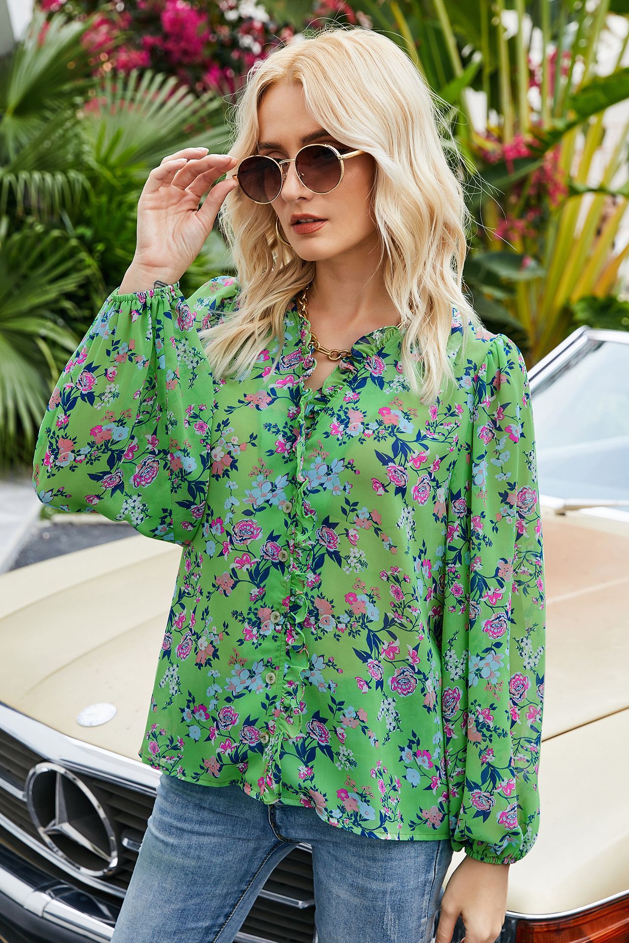 Summer Chiffon Printed Long Sleeve Pullover Loose Thin T-shirt NSLM54046