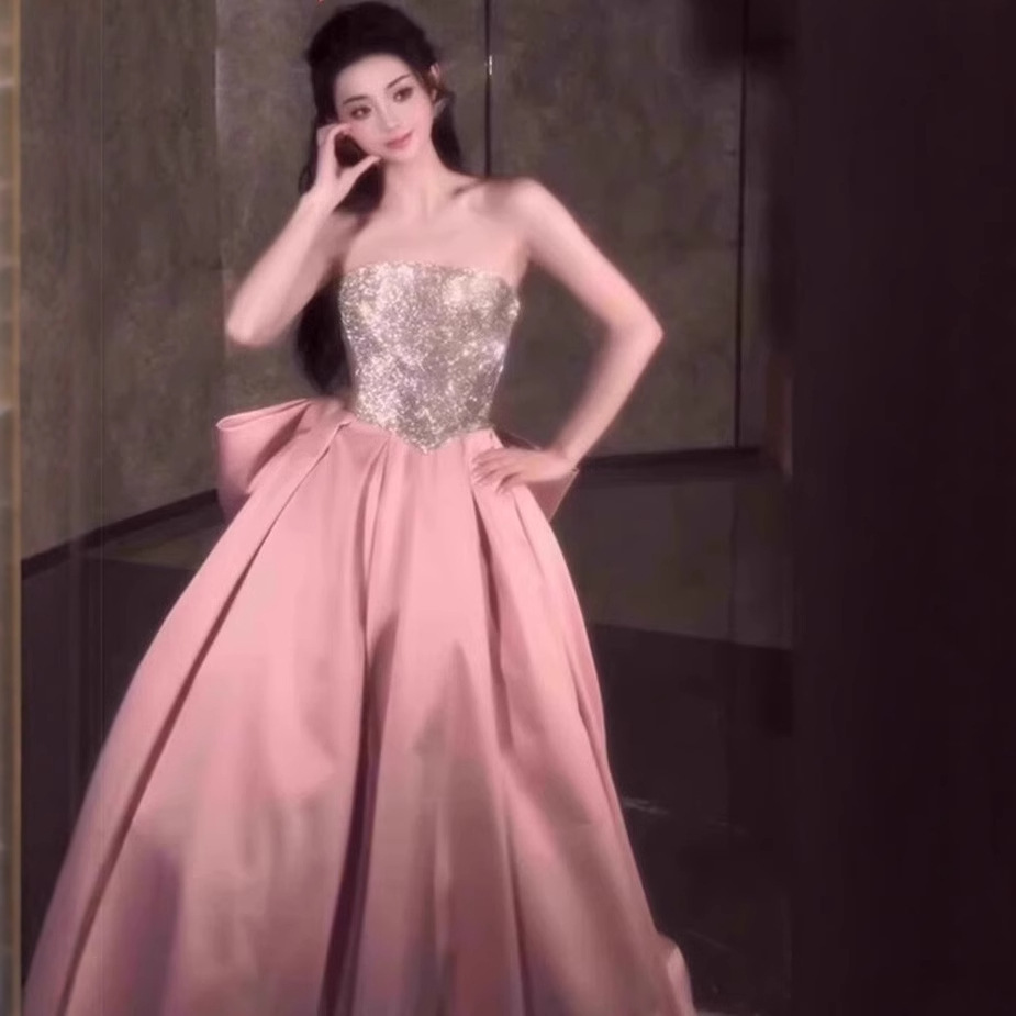 Pink Evening Dress for Women 2026 New Style High-End Strapless Gown for Banquets, Elegant Hostess Birthday Dress, Coming-Of-Age Ceremony