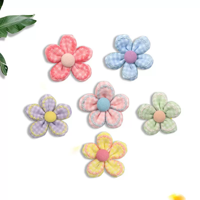 韩版新款太阳花格子布五瓣花可爱少女风DIY发饰鞋服箱包 发夹配饰