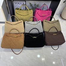 B家真皮手工头层牛皮编织女包Andiamo麂皮绒单肩斜挎大容量托特包