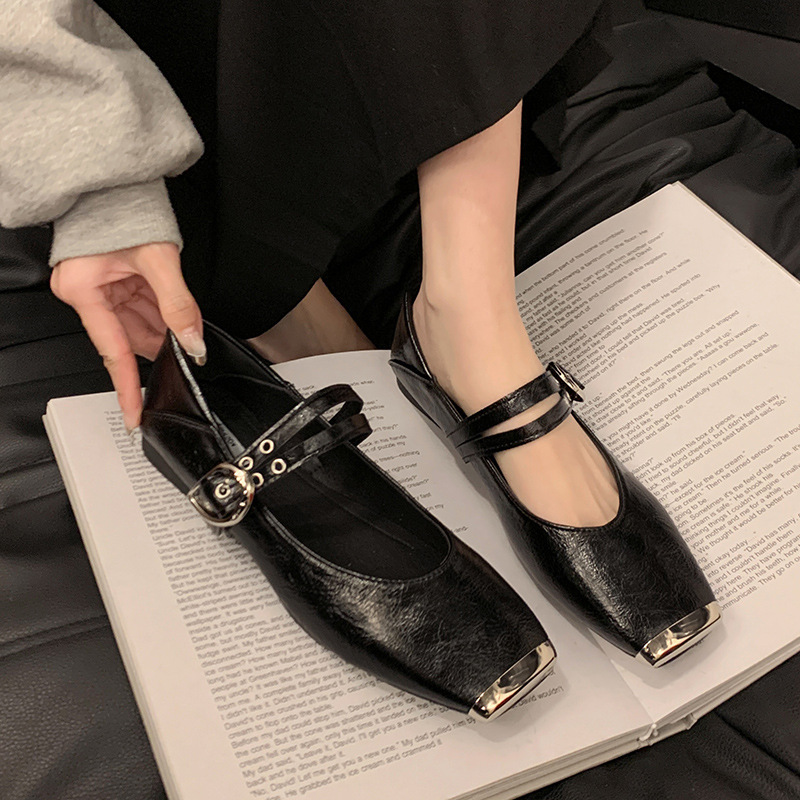 French Style Metal Square Toe Shallow Mouth Single For Women 2025 Spring New Retro One-Strap Mary Jane Soft Sole Small_vogvips.com