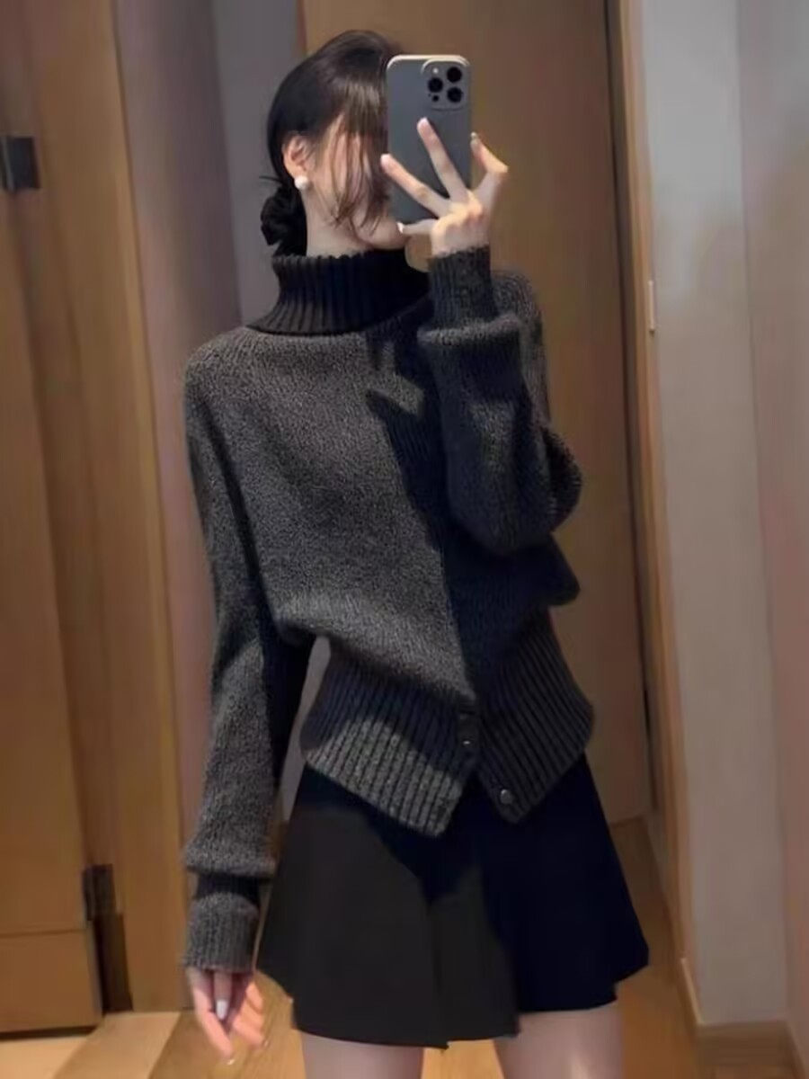 Áo len cổ lọ tay dài phong cách tiểu thư mùa thu đông — đen
