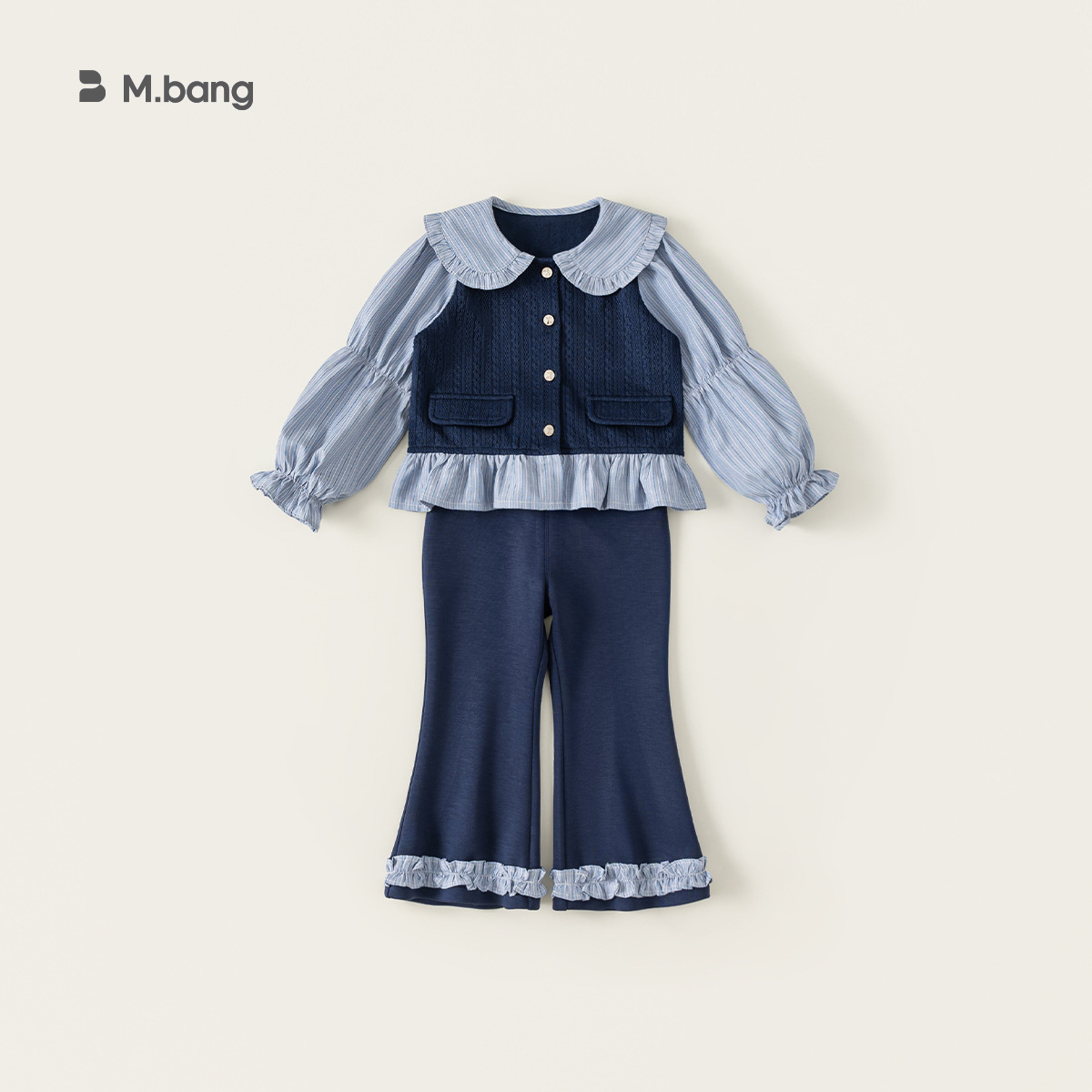 Ropa infantil Youbao, conjunto para niñas, estilo coreano de primavera y otoño, top con efecto de dos piezas y pantalones acampanados de manga larga, conjunto de dos piezas. image 9