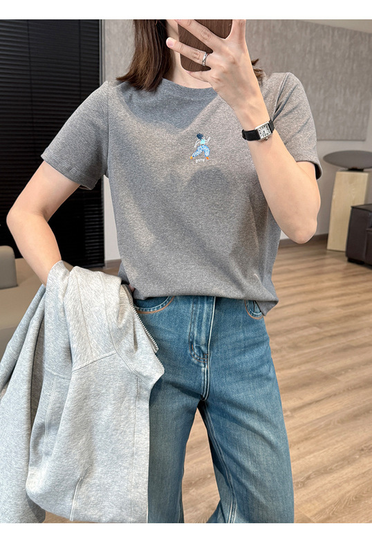 简约小人刺绣短袖T恤 ！早秋叠穿亲肤棉柔纯色圆领百搭上衣打底女|undefined