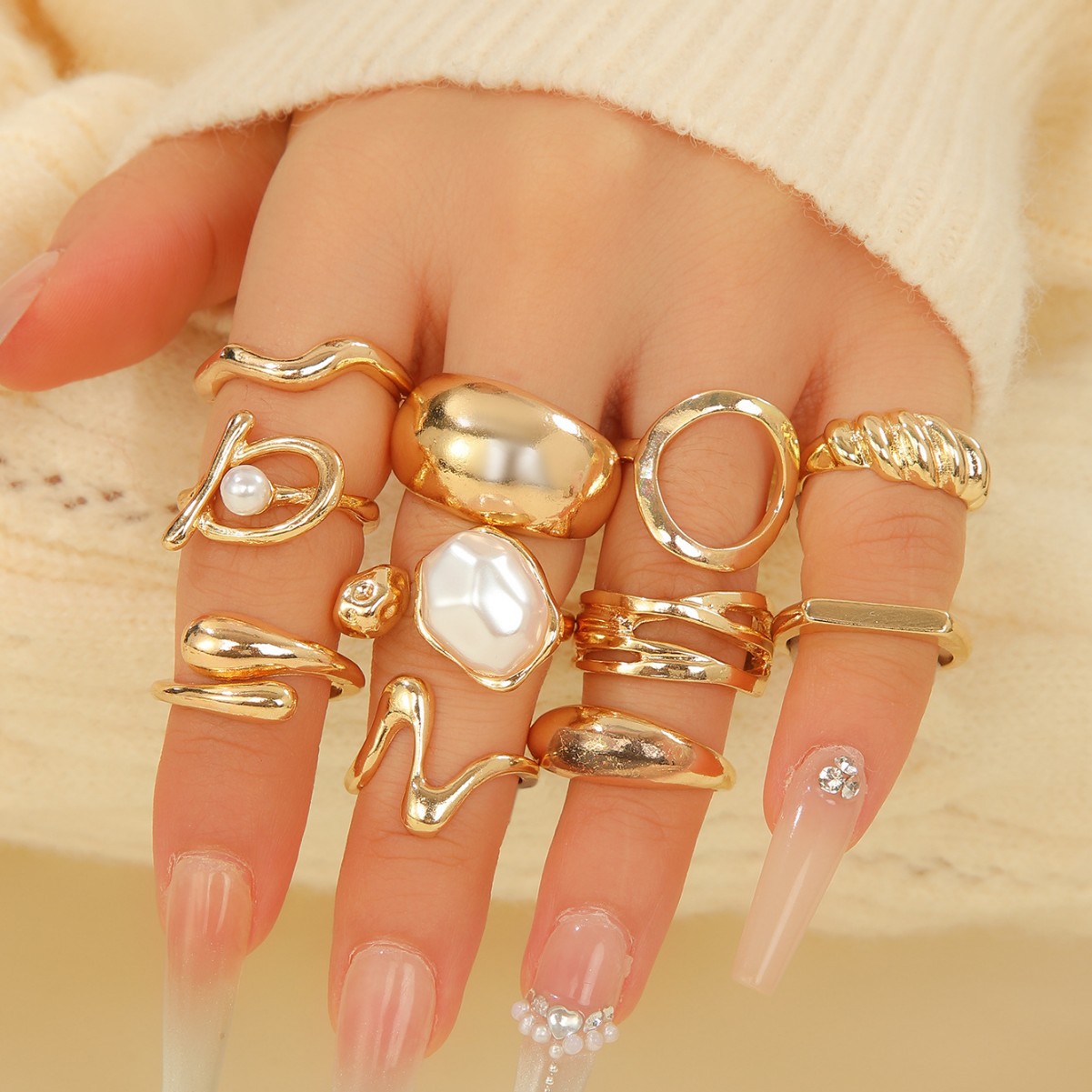 European and American Cross-Border Baroque Light Luxury High-End Rings for Women, Trendy 11-Piece Set of Irregular Finger Rings and Knuckle Jewelry