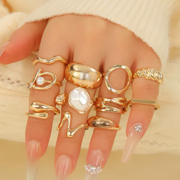European and American Cross-Border Baroque Light Luxury High-End Rings for Women, Trendy 11-Piece Set of Irregular Finger Rings and Knuckle Jewelry
