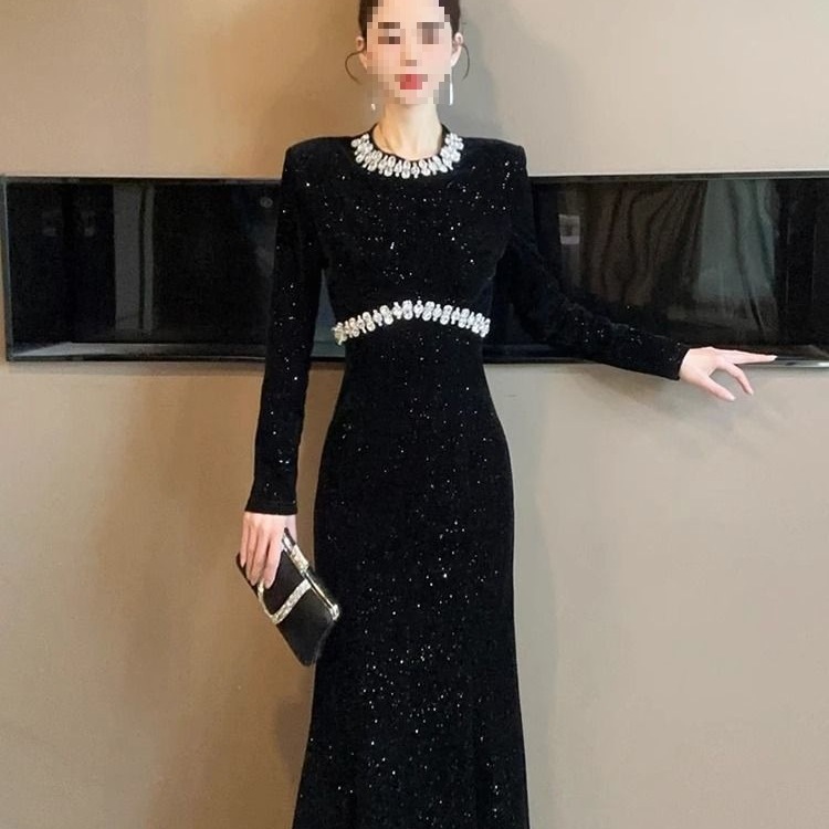 European-style Black For Women, Spring Collection, Heavy-duty Rhinestone Embellished Party Gown, Light Luxury Fishtail_ecoleips.com