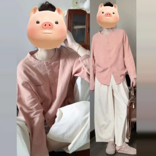 New Early Spring New Chinese Style Pink Round Neck Shirt Jacket for Women Early Spring Layered Inner Shirt Long-Sleeved Top