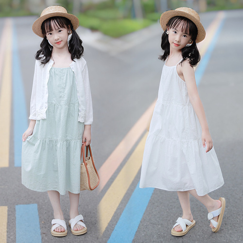 2024 new summer big children's dress Korean style small fresh suspender travel vacation seaside long skirt