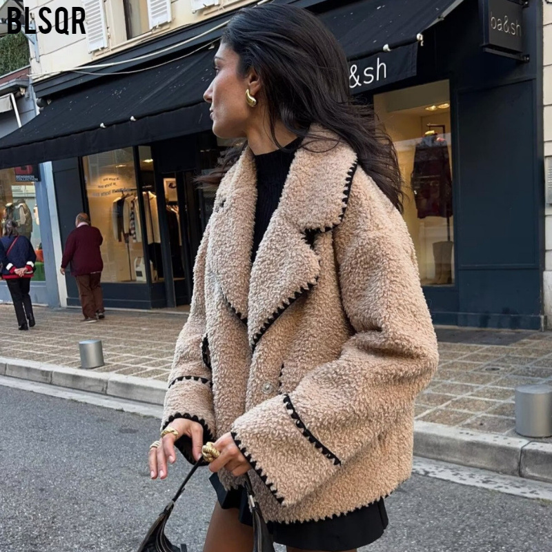 Women's 2024 new style casual granular fleece slim fit lamb wool coat B62905_voghion.com