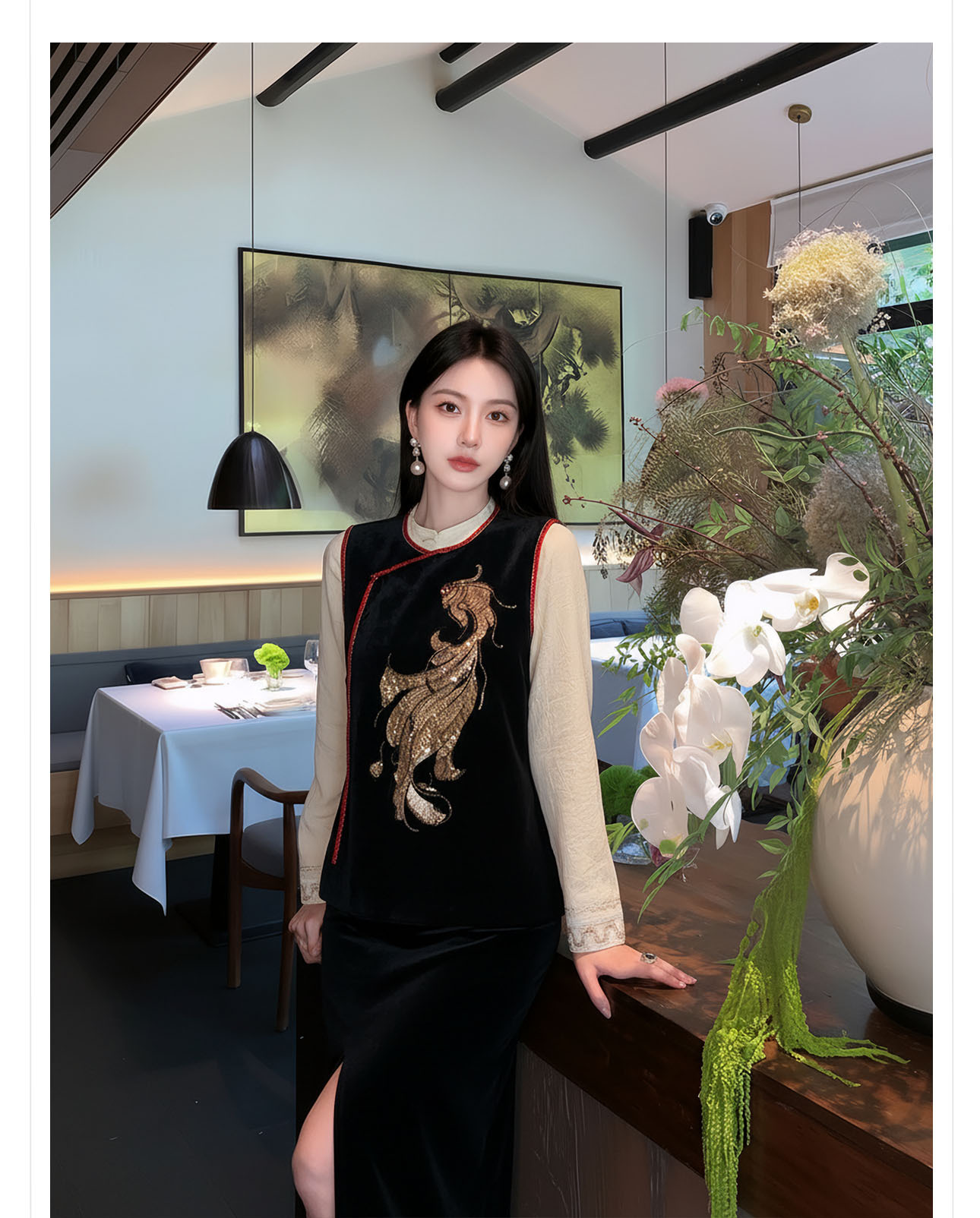 Bộ áo khoác không tay và chân váy nữ phong cách tân cổ điển thêu hoa — Đen nửa váy, Áo khoác đen chi tiết 4