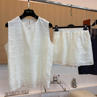 High-End European Round Neck Cut Out Embroidered Vest Shorts Suit 2025 Summer Fashion Versatile Casual Suit