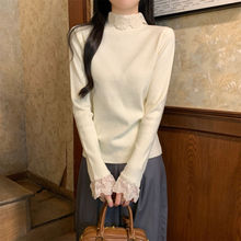 轻熟风半高领毛衣女蕾丝拼接打底衫秋冬新款修身内搭长袖洋气上衣