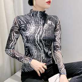 欧货欧货女装2024秋冬时尚洋气长袖高领网纱t恤女定位花上衣实拍