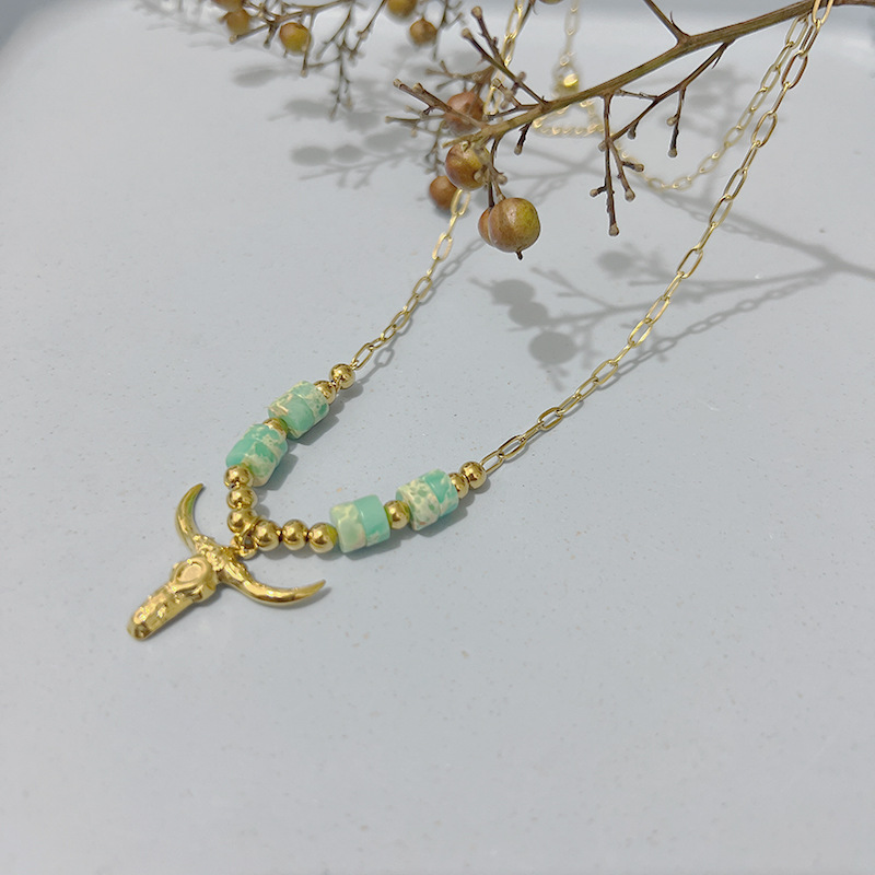 Fashion Bull Head Stainless Steel Plating Natural Stone Pendant Necklace