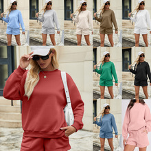 2025年春秋季新款两件套欧美跨境三分裤纯色卫衣裤插兜两件套装女