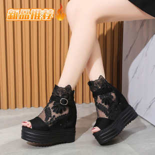 2023 Summer black peep toe sandals super high heel platform hollow embroidered hidden heel sandals