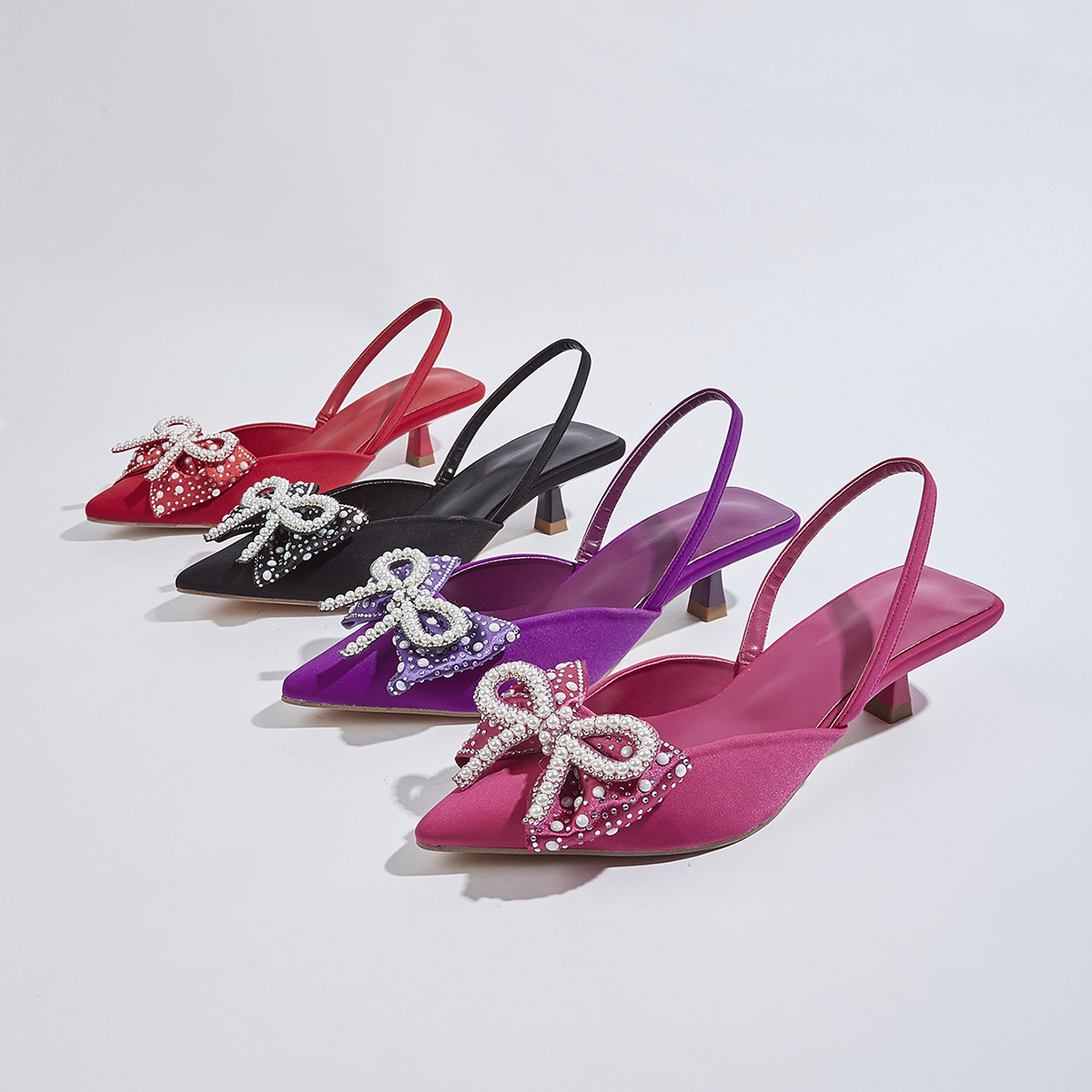 2024 European and American Fashion Sandals Women's New Year Fashion Bow Thin Heel High Heel Tip