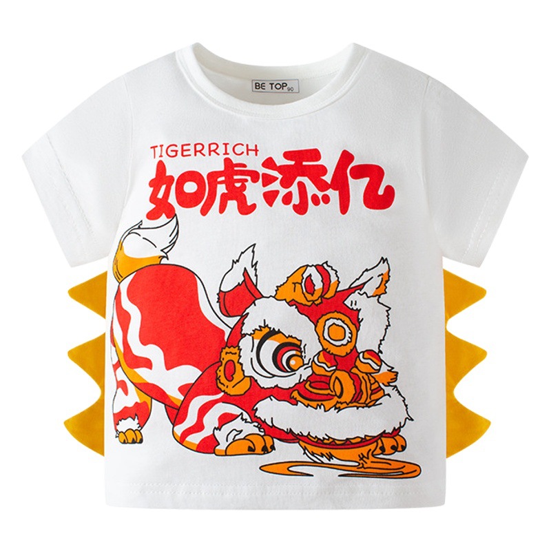 Ser la mejor ropa para niños estilo chino danza del león de manga corta para niños verano nueva camiseta para niños bebé entrega de una sola pieza