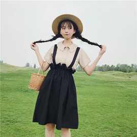 连衣裙女夏2023新款学院风可爱吊带裙短袖背带裙子女学生两件套