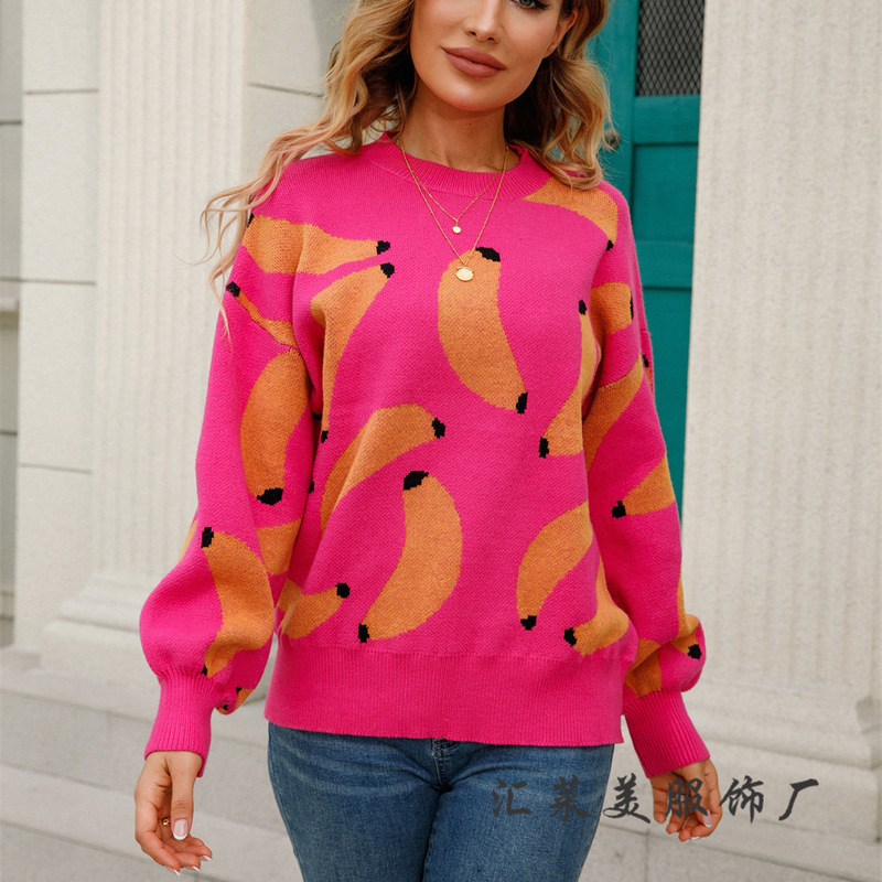 2026 Autumn/Winter New Trendy Ins European and American Style Banana Sweater Pullover Plus Size Sweater Round Neck Knitted Sweater for Women 2026 Autumn/Winter New Trendy Ins European and American Style Banana Sweater Pullover Plus Size Sweater Round Neck Knitted Sweater for Women