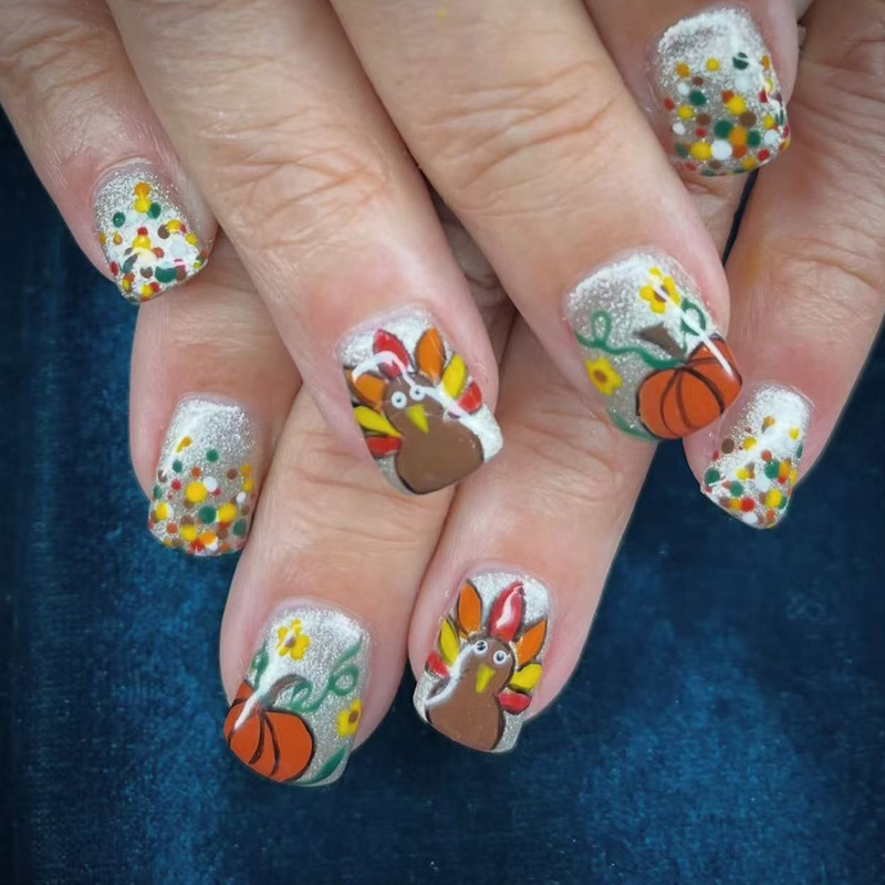 Autumn Thanksgiving Turkey Pumpkin Polka Dot Design White Sparkling Cat Eye Short Square Press-On Nails Nail Art Nail Tips