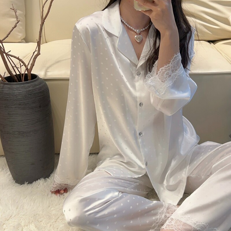 Internet Celebrity Backless Pajamas for Women Spring and Autum Ice Silk Long-Sleeved Thin Chic Cut Out Sexy Lace Home Wear Set