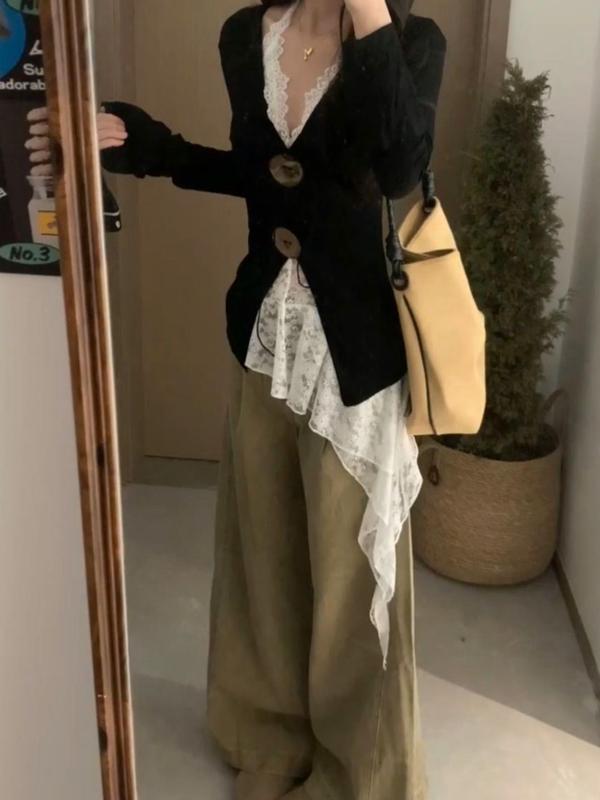 设计感斜边蕾丝吊带叠穿套装女秋氛围感领黑色修身上衣一整套潮|undefined