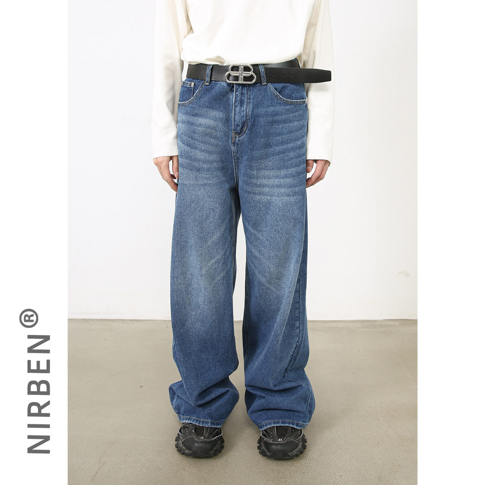 Quần jean nam ống rộng cạp vừa phong cách Hàn, denim cotton pha, form suông thoải mái — Màu đen, Xanh lam cổ điển, Xanh lam nhạt, Xanh lam đậm