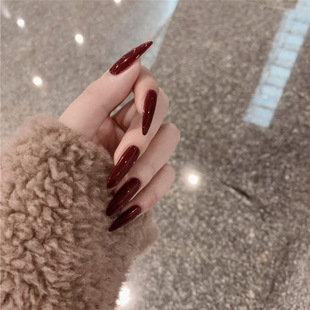 Cs-56 Art Pointed Wine Red Fake Nail Pieces Wearable Nail Art Stickers Finished Nail Stickers 24 Pieces Nail Art Stickers Wholesale