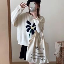 毛衣女秋冬2023年新款撞色花朵图案高级感小众复古白色圆领毛衣女