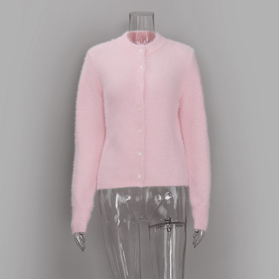 Áo khoác cardigan len nữ dáng ôm cổ tròn tay dài một hàng cúc chất liệu lông mềm mại — Màu hồng, Màu trắng, Màu xám nhạt, Xanh đậm chi tiết 37
