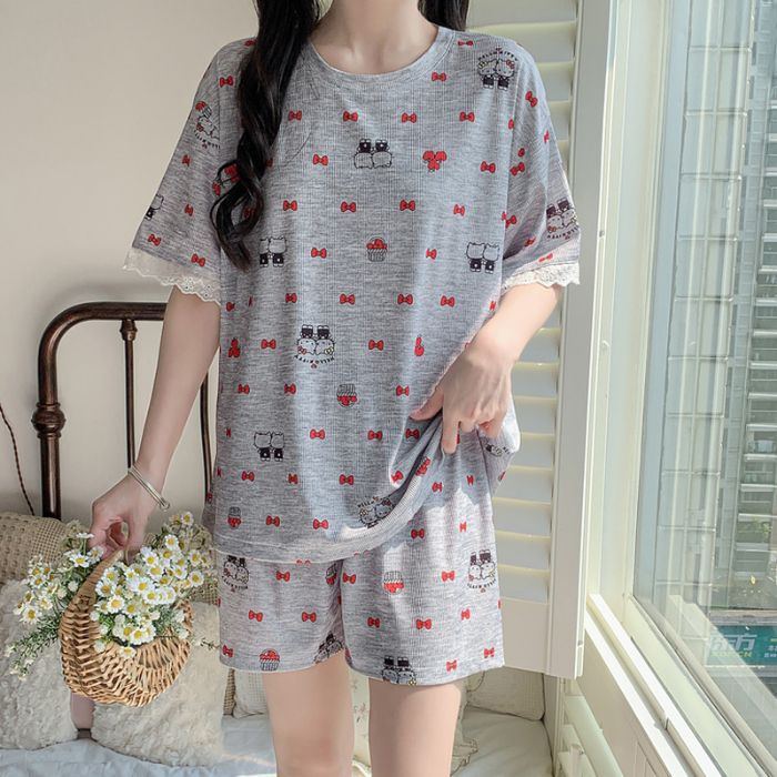 Venta al por mayor transfronteriza de seda de hielo hilo cuello redondo pantalones cortos de manga corta encaje estilo de explosión moda de verano pijamas de manga corta ropa de hogar para mujer