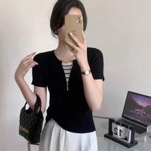 时尚撞色假两件修身短袖t恤女夏季冰丝针织外穿内搭打底衫上衣潮