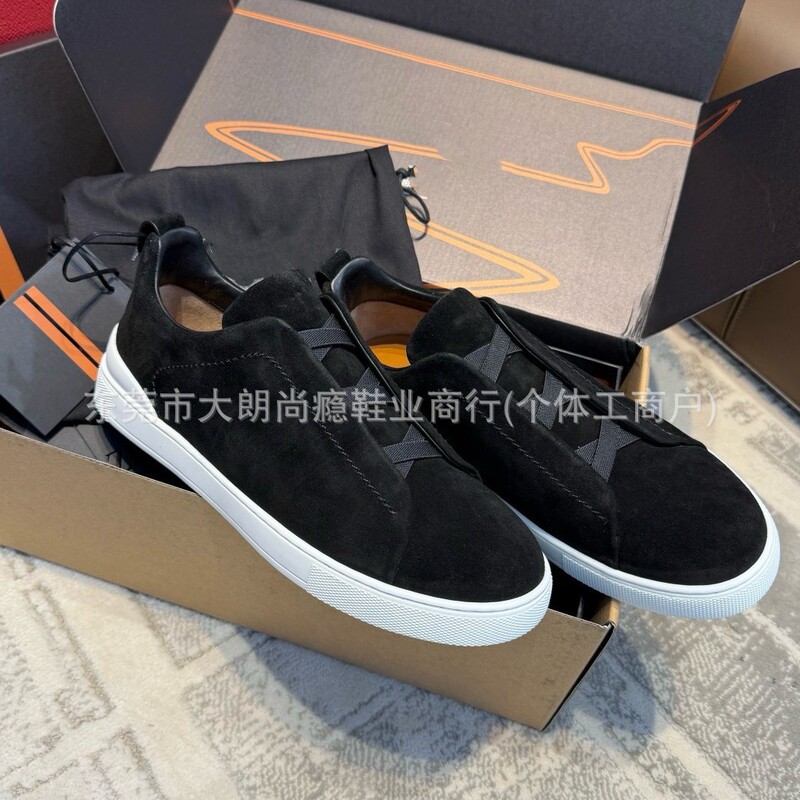 Guangdong-Made High-End 26 New Model Genuine Leather Retro Men's Casual White Shoes, Lightweight and Breathable Slip-On Sneakers with Cross Elastic Straps