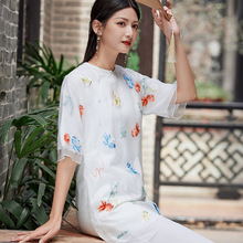 春夏女装复古新中式圆领国潮锦鲤刺绣中国风中长款上衣连衣裙6067