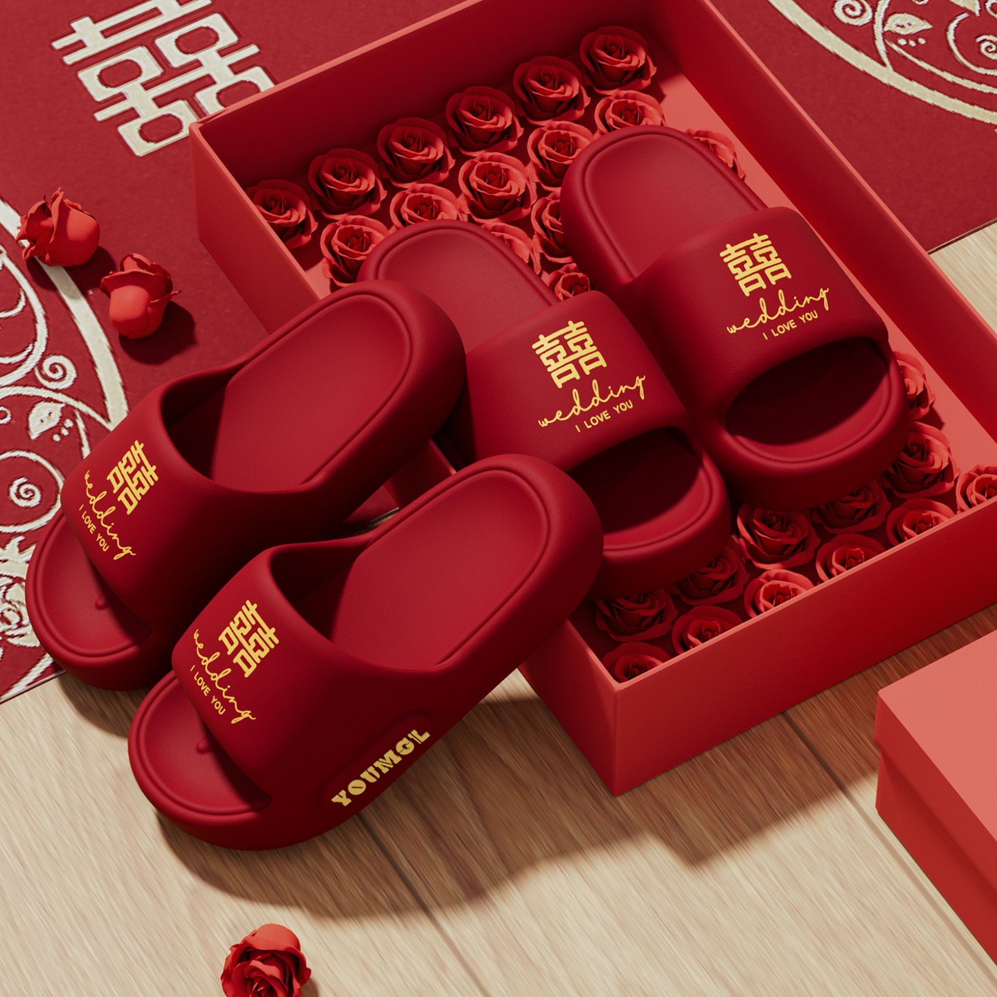 Zapatillas de verano para la boda festiva una pareja roja boda boda interior antideslizante baño ligero zapatillas frías