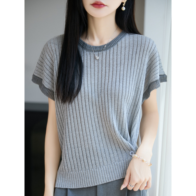 Spring summer knitted sweater with a round collar