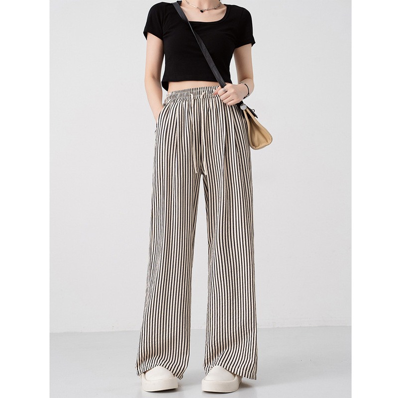 American Retro Textured Black and White Vertical Striped Pants for Women, Spring and Summer Loose Slimming Casual Wide-Leg Straight Long Pants