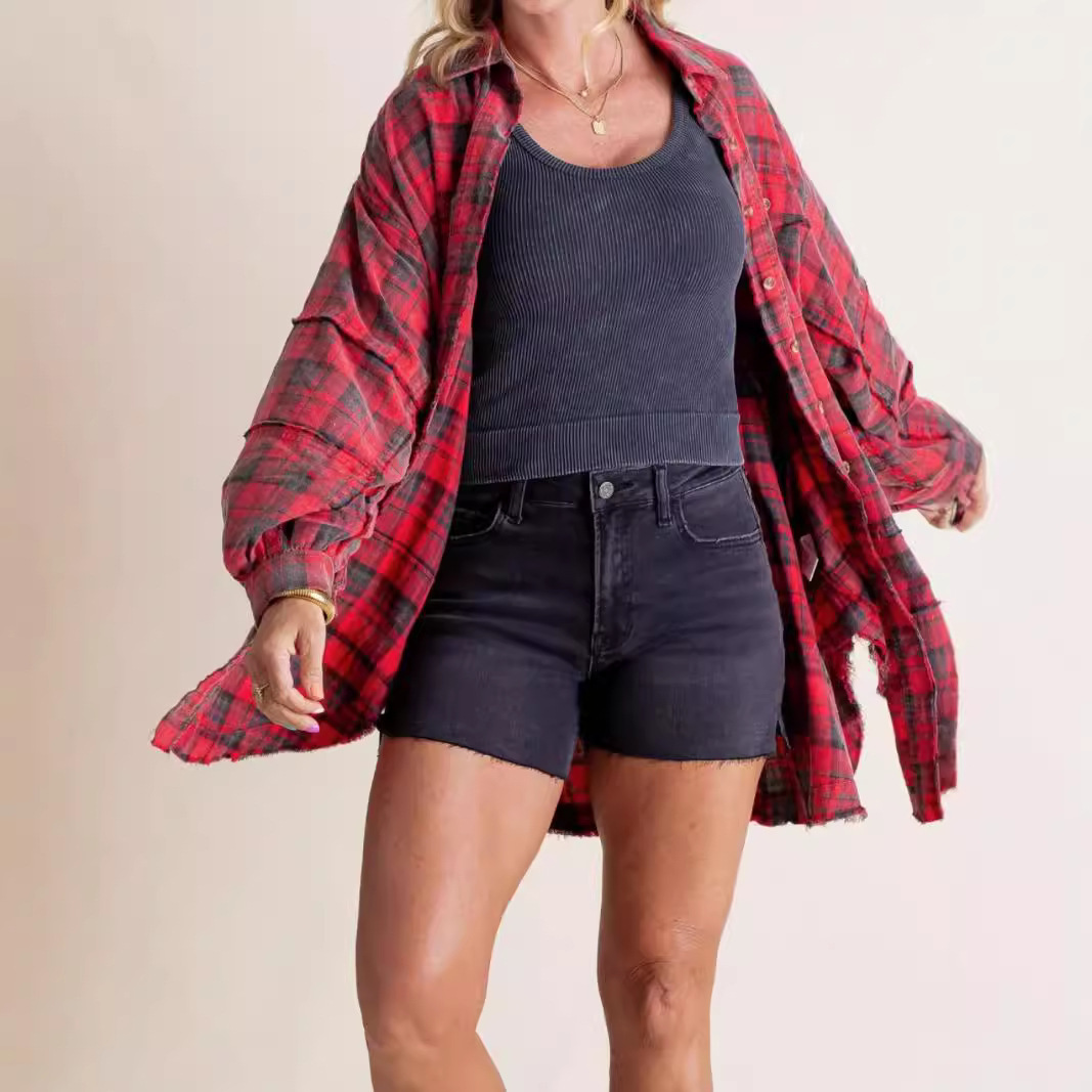 Spot 2025 Cross-Border European and American Export Women's Clothing Autumn and Winter New Amazon Raw Edge Lantern Sleeve Loose Plaid Shirt